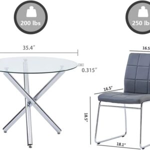 5 Pieces, Dinner Table Set for 4, Dining Table Set for 4, 1 Round Glass Dining Table and 4 Faux Leather Kitchen Chairs for Dining Room, Small Space, Apartment, Living Room, Chrome Metal Legs, Grey