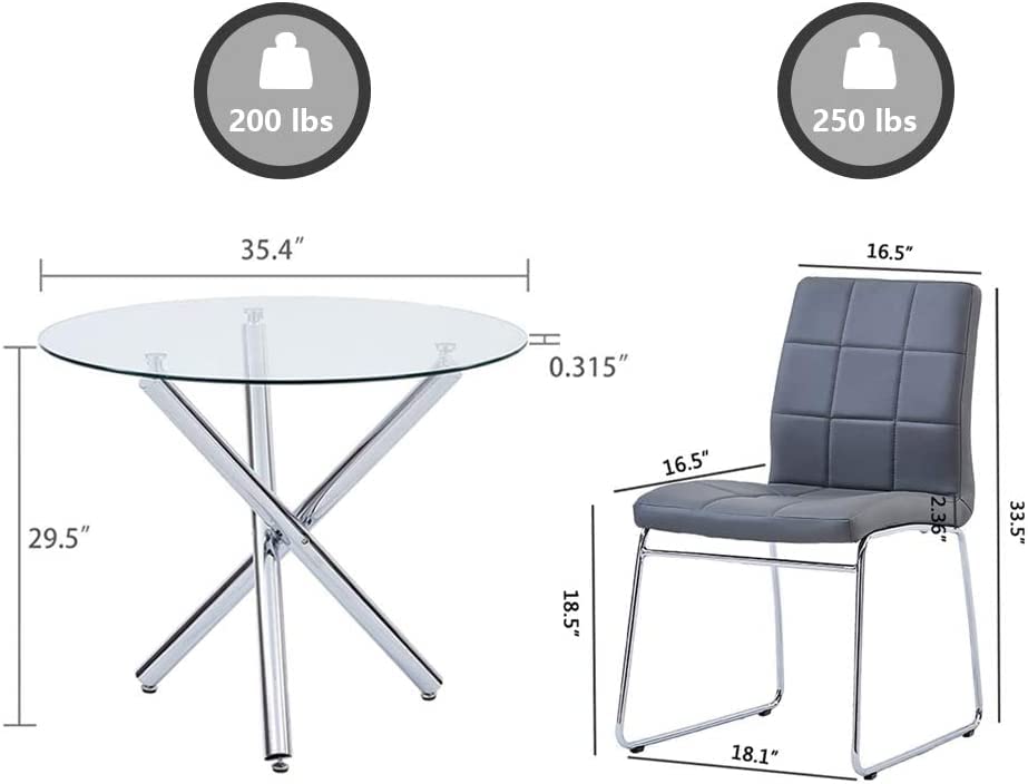 5 Pieces, Dinner Table Set for 4, Dining Table Set for 4, 1 Round Glass Dining Table and 4 Faux Leather Kitchen Chairs for Dining Room, Small Space, Apartment, Living Room, Chrome Metal Legs, Grey