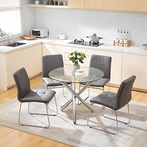 5 Pieces, Dinner Table Set for 4, Dining Table Set for 4, 1 Round Glass Dining Table and 4 Faux Leather Kitchen Chairs for Dining Room, Small Space, Apartment, Living Room, Chrome Metal Legs, Grey