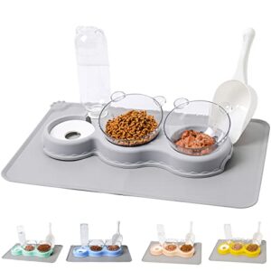 lkstk grey triple cat bowl with waterproof mat and scoop, 15°tilted raised cat food bowl, pets water and food bowl set with automatic water bottle, wet and dry food bowl for cat & small dog