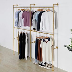 zgzr industrial pipe clothes rack metal clothing store display stands wall mounted garment rack, heavy duty hanging rod for closet storage, 89.8in gold