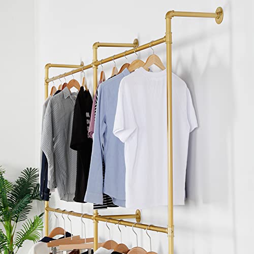 ZGZR Industrial Pipe Clothes Rack Metal Clothing Store Display Stands Wall Mounted Garment Rack, Heavy Duty Hanging Rod for Closet Storage, 89.8in Gold