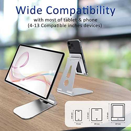 Tablet Stand, Portable Monitor Stand, Adjustable & Foldable Aluminium Kindle Stand Holder, Compatible with 2023 iPad Air 5/4, iPad Mini 6/5, iPad 10.2, iPad Pro 12.9/11, Phones (4-13 inch),Silver