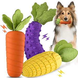 petsta squeaky dog toys for aggressive chewer large medium small breed dog, tough durable dog chew toys with non-toxic natural rubber for teething (corn-eggplant-radish)