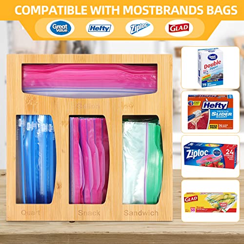 PITCH + PULSE Ziplock Bag Organizer for Kitchen Drawer, Bamboo Bag Holder Dispenser for Sandwich, Quart Slider, Gallon, Snack Plastic Bags, Compatible for Universal Food Storage