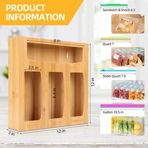 PITCH + PULSE Ziplock Bag Organizer for Kitchen Drawer, Bamboo Bag Holder Dispenser for Sandwich, Quart Slider, Gallon, Snack Plastic Bags, Compatible for Universal Food Storage