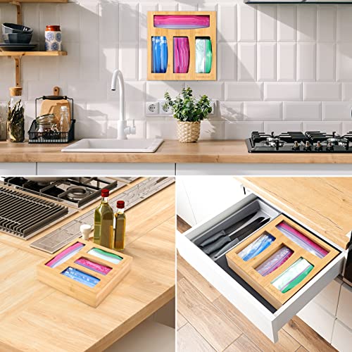 PITCH + PULSE Ziplock Bag Organizer for Kitchen Drawer, Bamboo Bag Holder Dispenser for Sandwich, Quart Slider, Gallon, Snack Plastic Bags, Compatible for Universal Food Storage