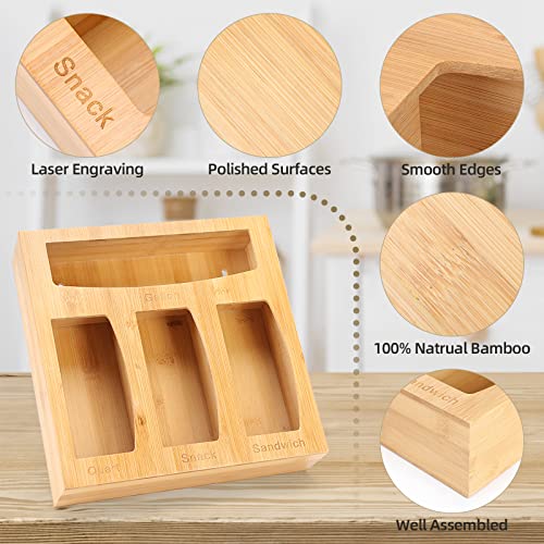 PITCH + PULSE Ziplock Bag Organizer for Kitchen Drawer, Bamboo Bag Holder Dispenser for Sandwich, Quart Slider, Gallon, Snack Plastic Bags, Compatible for Universal Food Storage