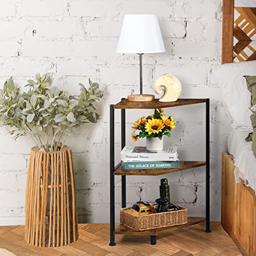 SHINOSKE 3-Tier Corner Shelf, Multipurpose Storage Cabinet Organizer Rack Stand, Wood Storage Stand with Metal Frame,Plant Stand for Living Room, Home Office, Kitchen, Small Space,Brown