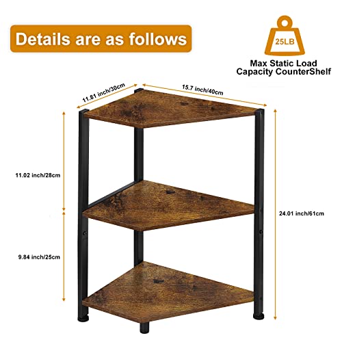 SHINOSKE 3-Tier Corner Shelf, Multipurpose Storage Cabinet Organizer Rack Stand, Wood Storage Stand with Metal Frame,Plant Stand for Living Room, Home Office, Kitchen, Small Space,Brown