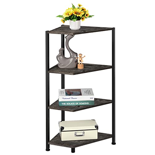 Corner Shelf,4 Tier Corner Bookshelf Bookcase,Freestanding Corner Shelf Stand,Wood Storage Stand with Metal Frame for Small Space,Entryway,Home Office,Grey(15.87x12x34.5 inch)