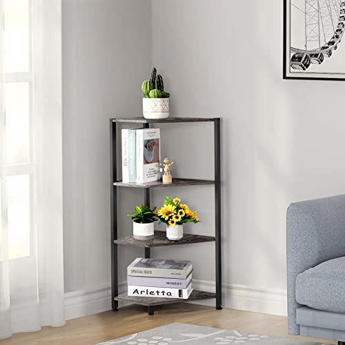 Corner Shelf,4 Tier Corner Bookshelf Bookcase,Freestanding Corner Shelf Stand,Wood Storage Stand with Metal Frame for Small Space,Entryway,Home Office,Grey(15.87x12x34.5 inch)