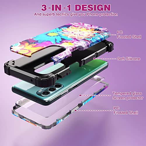 Moto G Stylus 5G 2022 Case With Tempered Glass Screen Protector,IDweel 3 in 1 Shockproof Slim Fit Hybrid Heavy Duty Protection Hard PC Cover Soft Silicone Rugged Bumper Full Body Case for Girl,Flower