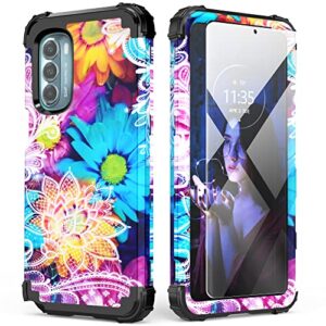 Moto G Stylus 5G 2022 Case With Tempered Glass Screen Protector,IDweel 3 in 1 Shockproof Slim Fit Hybrid Heavy Duty Protection Hard PC Cover Soft Silicone Rugged Bumper Full Body Case for Girl,Flower