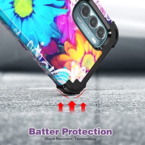 Moto G Stylus 5G 2022 Case With Tempered Glass Screen Protector,IDweel 3 in 1 Shockproof Slim Fit Hybrid Heavy Duty Protection Hard PC Cover Soft Silicone Rugged Bumper Full Body Case for Girl,Flower