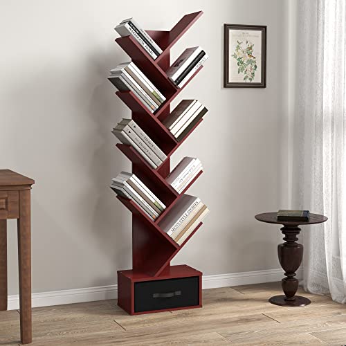 Panana Tree Bookshelf with Drawer, 8-Tier Wooden Storage Rack Wisdom Tree Book Holder Bookshelves Organizer for Living Room, Bedroom, Home Office (Cherry)