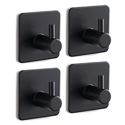 Eowihor Self Adhesive Hooks, Robe Hook, Black Towel Hook, Heavy Duty Wall Hook Waterproof Stainless Steel, Ideal for Bathroom and Bedroom 4-Packs…