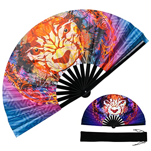 TRENDBOX Large Folding Hand Fan, UV Glow Fan for Rave, Festival Folding Hand Fan for Women Men with Velvet Bag for Decorations, Party, Dance and Music Festival - Wolf