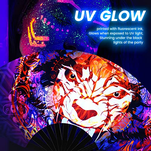 TRENDBOX Large Folding Hand Fan, UV Glow Fan for Rave, Festival Folding Hand Fan for Women Men with Velvet Bag for Decorations, Party, Dance and Music Festival - Wolf