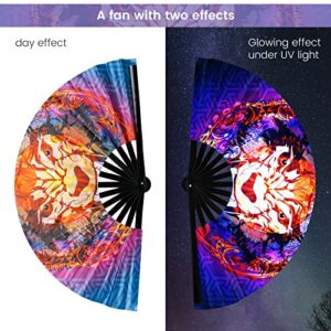 TRENDBOX Large Folding Hand Fan, UV Glow Fan for Rave, Festival Folding Hand Fan for Women Men with Velvet Bag for Decorations, Party, Dance and Music Festival - Wolf