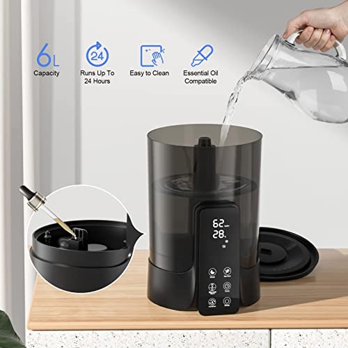 ORIbox Cool Mist Humidifier for Bedroom (6L) - Filterless, Quiet, Ultrasonic - Large Room Home Air Diffuser with Essential Oil Tray, Black