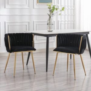 lukealon modern velvet dining chairs set of 2, mid century weaved back kitchen chairs with metal legs upholstered side chairs accent living room chairs for indoor dining room, black