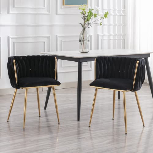 LukeAlon Modern Velvet Dining Chairs Set of 2, Mid Century Weaved Back Kitchen Chairs with Metal Legs Upholstered Side Chairs Accent Living Room Chairs for Indoor Dining Room, Black