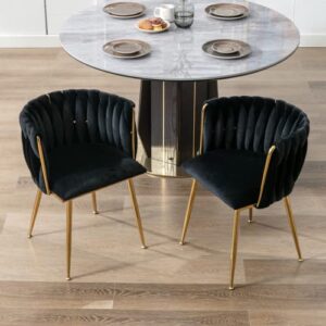 LukeAlon Modern Velvet Dining Chairs Set of 2, Mid Century Weaved Back Kitchen Chairs with Metal Legs Upholstered Side Chairs Accent Living Room Chairs for Indoor Dining Room, Black