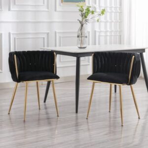 LukeAlon Modern Velvet Dining Chairs Set of 2, Mid Century Weaved Back Kitchen Chairs with Metal Legs Upholstered Side Chairs Accent Living Room Chairs for Indoor Dining Room, Black