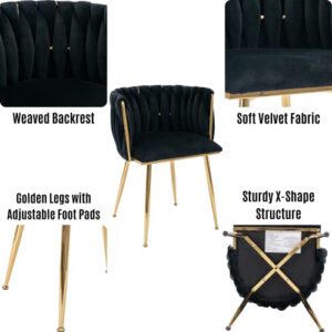 LukeAlon Modern Velvet Dining Chairs Set of 2, Mid Century Weaved Back Kitchen Chairs with Metal Legs Upholstered Side Chairs Accent Living Room Chairs for Indoor Dining Room, Black