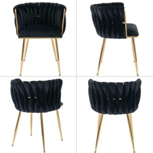 LukeAlon Modern Velvet Dining Chairs Set of 2, Mid Century Weaved Back Kitchen Chairs with Metal Legs Upholstered Side Chairs Accent Living Room Chairs for Indoor Dining Room, Black