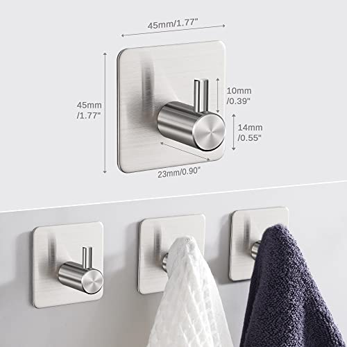 Eowihor Heavy Duty Wall Hooks, Self Adhesive Hook, Robe Hook Stainless Steel, Ideal for Bathroom and Bedroom 4-Packs Silver