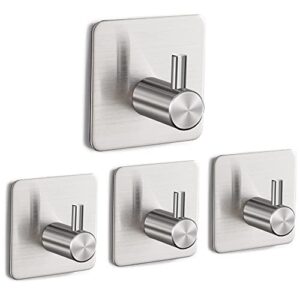 eowihor heavy duty wall hooks, self adhesive hook, robe hook stainless steel, ideal for bathroom and bedroom 4-packs silver