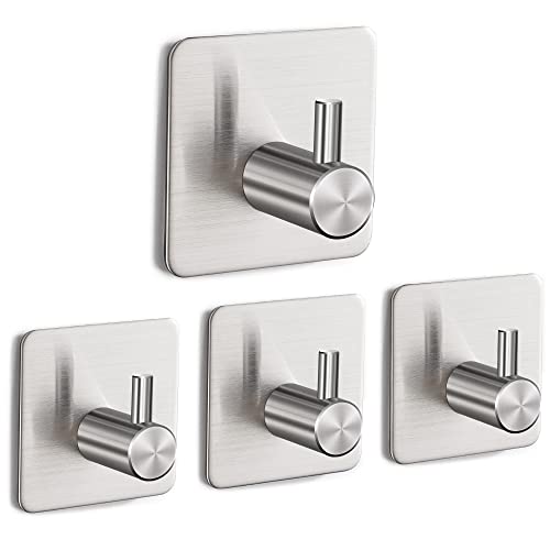 Eowihor Heavy Duty Wall Hooks, Self Adhesive Hook, Robe Hook Stainless Steel, Ideal for Bathroom and Bedroom 4-Packs Silver