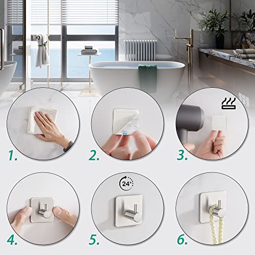 Eowihor Heavy Duty Wall Hooks, Self Adhesive Hook, Robe Hook Stainless Steel, Ideal for Bathroom and Bedroom 4-Packs Silver