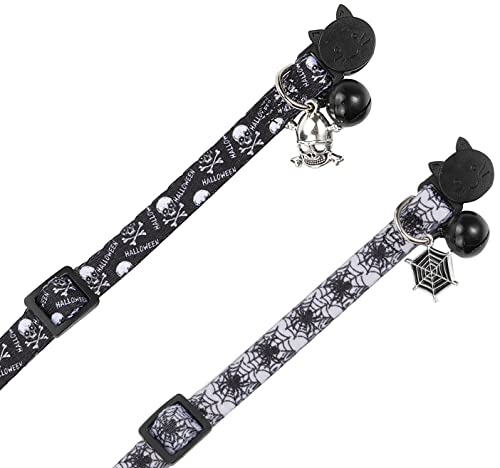 BoomBone Cat Collar Halloween Set of 2, Skull Cat Collar for Small Dogs, Holiday Kitten Collar with Bell