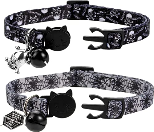 BoomBone Cat Collar Halloween Set of 2, Skull Cat Collar for Small Dogs, Holiday Kitten Collar with Bell