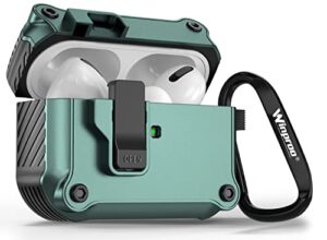 winproo armor airpods pro case cover with lock clip, military hard shell full-body shockproof protective case skin with keychain for airpods pro [green]