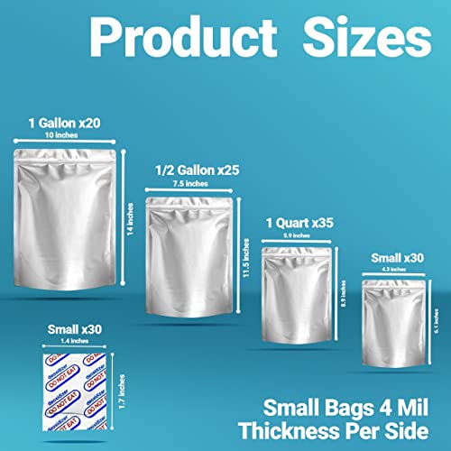 120 pcs Mylar Bags for Food Storage- Food Storage Bag with Oxygen Absorbers(300cc) - 1 Gallon( 20 pcs), 2 Quart(25 pcs), 1 Quart(35 pcs), 1/2 Pint( 40 pcs) with 125 labels - Heat Resalable Mylar Bags - Leak-proof Smell Proof Bags