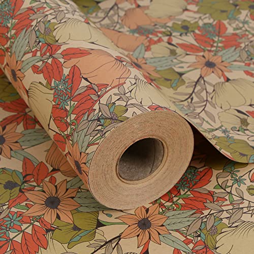 Aimyoo Kraft Floral Wrapping Paper Jumbo Roll, All Occasion Flower Gift Wrap Paper for Wedding Bridal Shower Birthday, 17 in x 60 ft