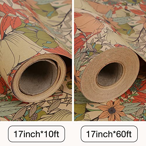 Aimyoo Kraft Floral Wrapping Paper Jumbo Roll, All Occasion Flower Gift Wrap Paper for Wedding Bridal Shower Birthday, 17 in x 60 ft