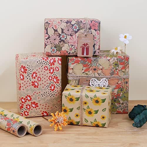 Aimyoo Kraft Floral Wrapping Paper Jumbo Roll, All Occasion Flower Gift Wrap Paper for Wedding Bridal Shower Birthday, 17 in x 60 ft