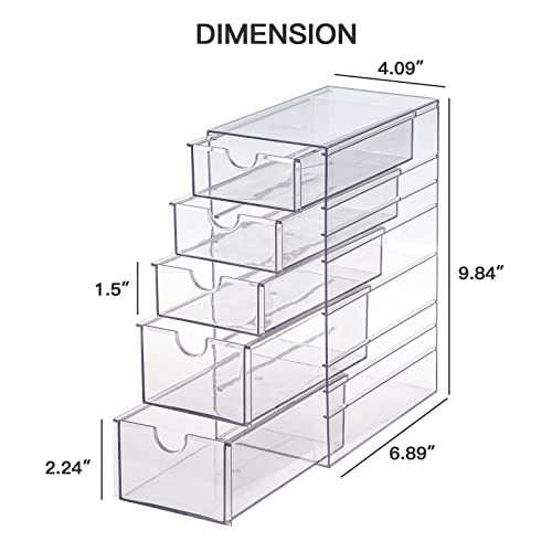 FABROK Clear Hair Accessory Organizer Box with 5 Drawers, Compact Storage Organization Drawers Set for Cosmetics, Glasses, Stationery, Stackable Storage Containers Box for Bathroom, Closet, Desk, Office