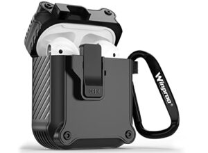 winproo armor airpods 2nd & 1st generation case cover with lock clip, military hard shell full-body shockproof protective case skin with keychain for airpods 2nd & 1st gen [black]
