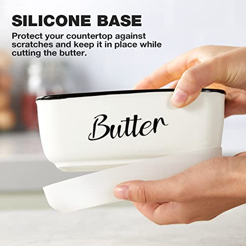 Ceramic Butter Dish with Lid and Knife, Gencywe Large Butter Container Keeper Storage, Airtight Silicone Butter Holder, Kitchen Butter Dish with Lid for Countertop, White, Microwave Dishwasher Safe