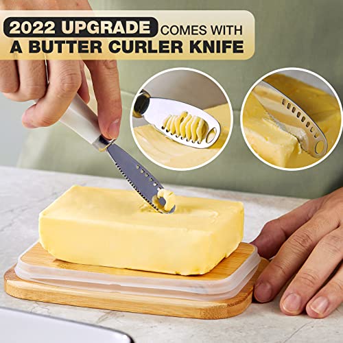 Ceramic Butter Dish with Lid and Knife, Gencywe Large Butter Container Keeper Storage, Airtight Silicone Butter Holder, Kitchen Butter Dish with Lid for Countertop, White, Microwave Dishwasher Safe