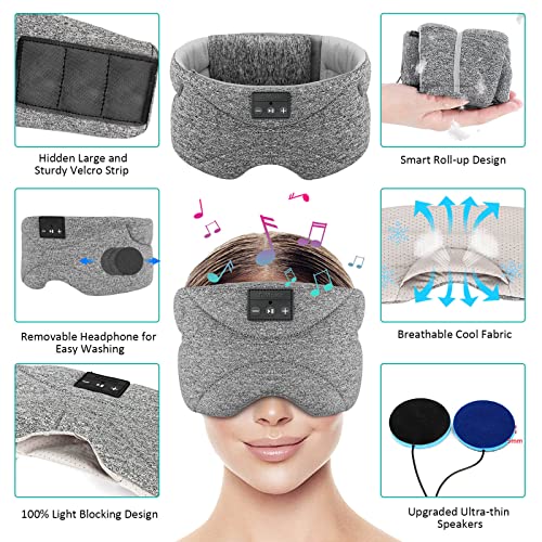 Sleep Mask with Bluetooth Headphones 24 White Noise, Ice-Feeling Bluetooth Sleep Mask Ultra-Thin Speaker Sleep Headphone Mask for Side Sleepers Blackout Eye Mask for Airplane, Nap, Travel（Gray）