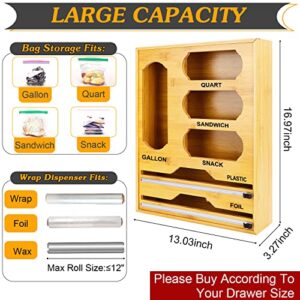 FuBegi Ziplock Bag Storage Organizer and Plastic Wrap Stretch Film Dispenser with Cutter, 6 In 1 Bamboo Ziplock Bag Organizer for Gallon, Quart, Sandwich, Snack Kitchen Drawer Organizer