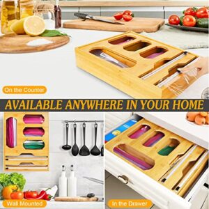 FuBegi Ziplock Bag Storage Organizer and Plastic Wrap Stretch Film Dispenser with Cutter, 6 In 1 Bamboo Ziplock Bag Organizer for Gallon, Quart, Sandwich, Snack Kitchen Drawer Organizer