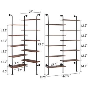 HOMBAZAAR Bookshelf,10-Tier L Shaped, Industrial Double Wide Wall Mount, Modern Bookcase with Metal Frame and Wood, Industrial Corner Pipe Shelf for Living Room and Office, Brown